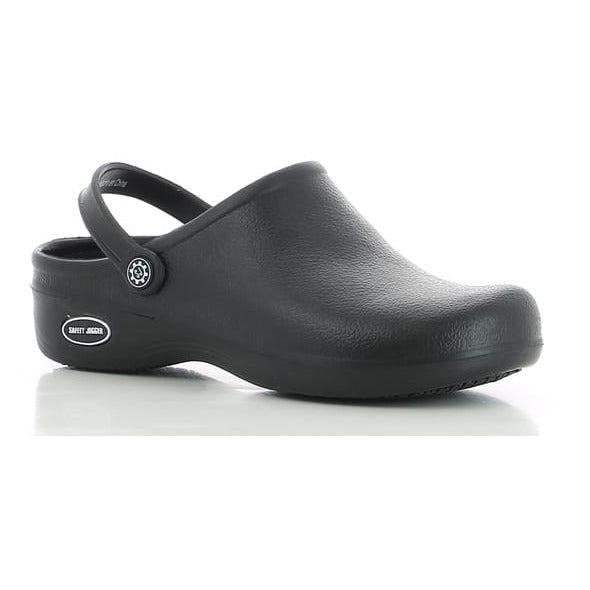 Bestlight lightweight unisex work clogs by PLS Medical, showing black slip-on clogs with cushioned soles and open heel design.