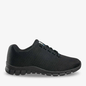 Kassie unisex professional shoes by PLS Medical, showcasing black slip-on design with cushioned insoles for comfort.