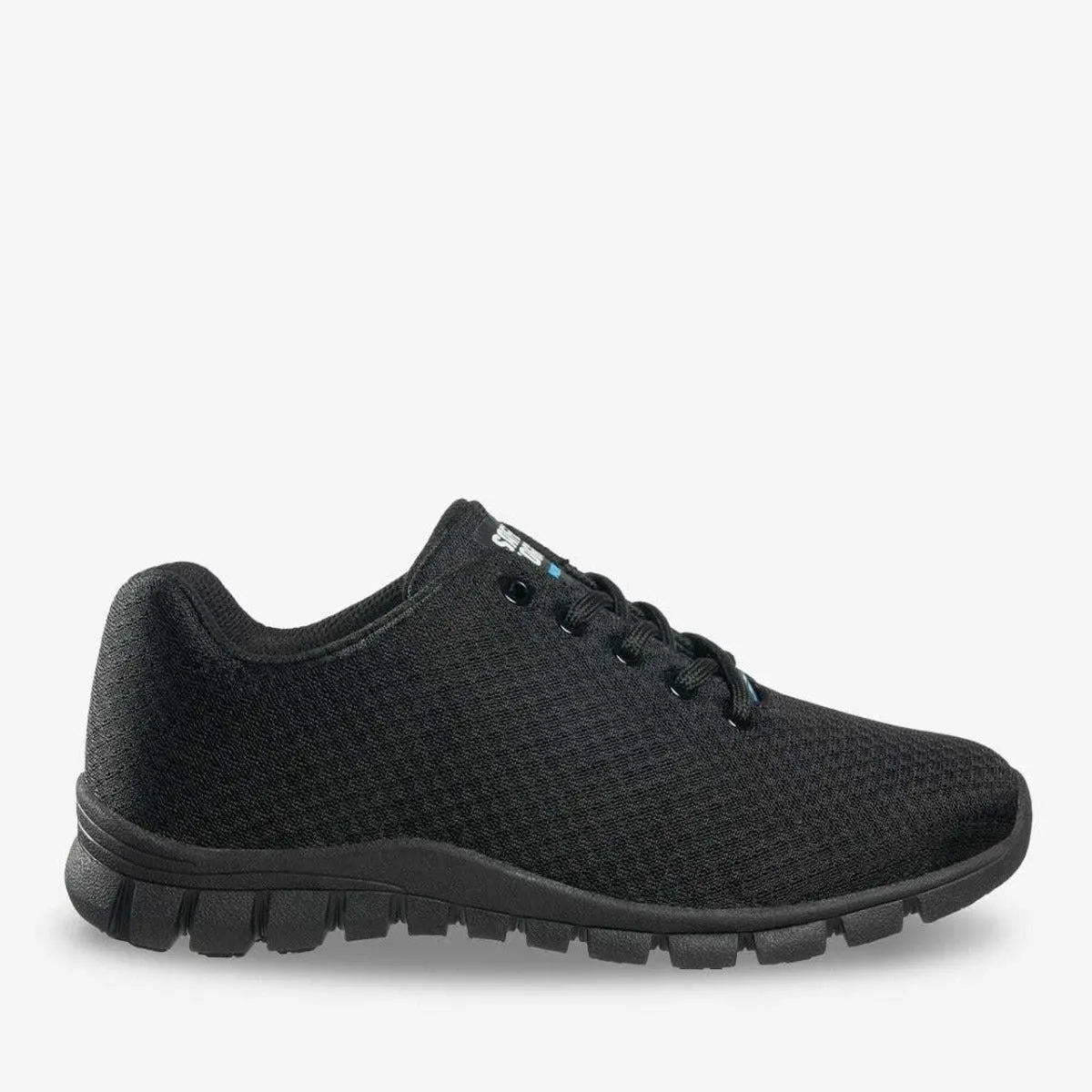 Kassie unisex professional shoes by PLS Medical showing black slip-on design with cushioned soles and supportive fit.