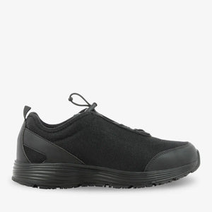 Black James Mesh men's nursing shoes by PLS Medical, featuring breathable mesh uppers and slip-resistant soles for healthcare professionals.