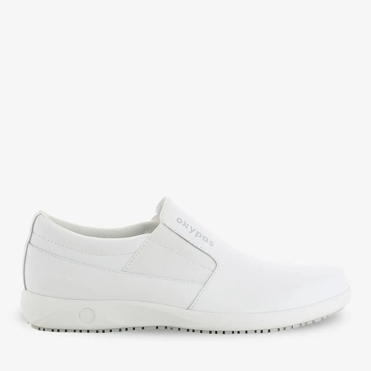 Oxypas Motion Roy slip-on leather nursing shoe for men, designed by PLS Medical, with a comfortable, supportive sole and sleek black finish.