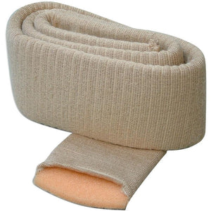 Small tan Podopro tubular padding, 6cm x 90cm roll, shown laid out flat for foot or toe cushioning.