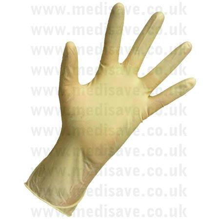 Pair of Premier sterile powder-free latex gloves in medium size, showing the smooth, flexible glove material.