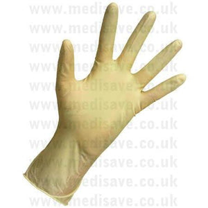 Pair of Premier sterile powder-free latex gloves in medium size, showing the smooth, flexible glove material.