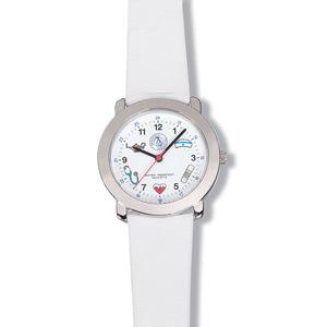 Prestige 24-hour dial watch featuring nursing symbols on the face, with black strap and clear time markings.