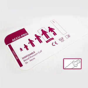 Large adult Accu-PRO NIBP disposable cuff with single tube, shown in box of 20, designed for accurate blood pressure measurement.
