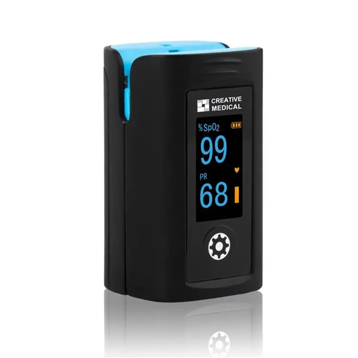 Black and blue fingertip pulse oximeter with digital SpO2 and pulse rate display