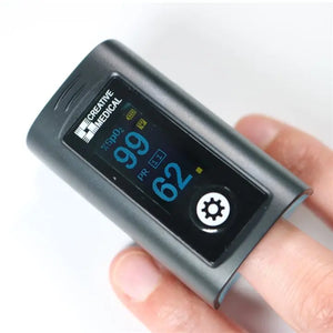 Bluetooth finger pulse oximeter showing SpO2 and pulse rate on a person's finger