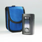 Finger pulse oximeter with Bluetooth and display screen, shown next to blue carrying case