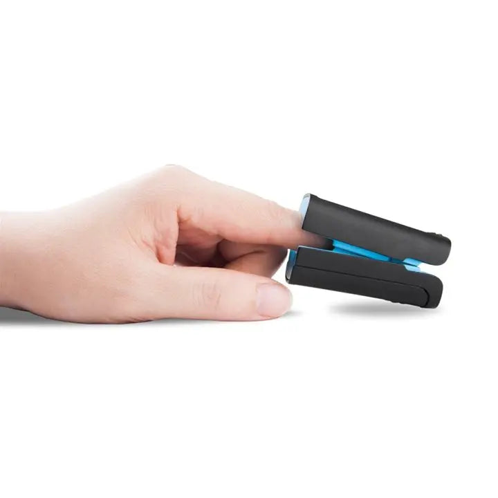Finger pulse oximeter with Bluetooth on fingertip, measuring blood oxygen and pulse rate