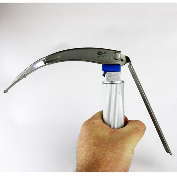 Metal Max+ Combi laryngoscope blade and adult handle with lever tip 4, shown in a pack of 10, designed for medical airway procedures.