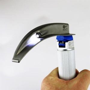 Pack of 10 Metal Max+ Combi laryngoscope blades and MAC 3 adult handles by ProAct, showing shiny stainless steel medical instruments.