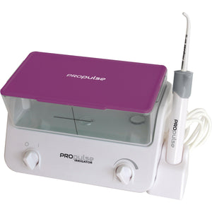 Propulse ear irrigator with purple lid and 10 QrX tips, showing a close-up of the device and tips for ear cleaning.