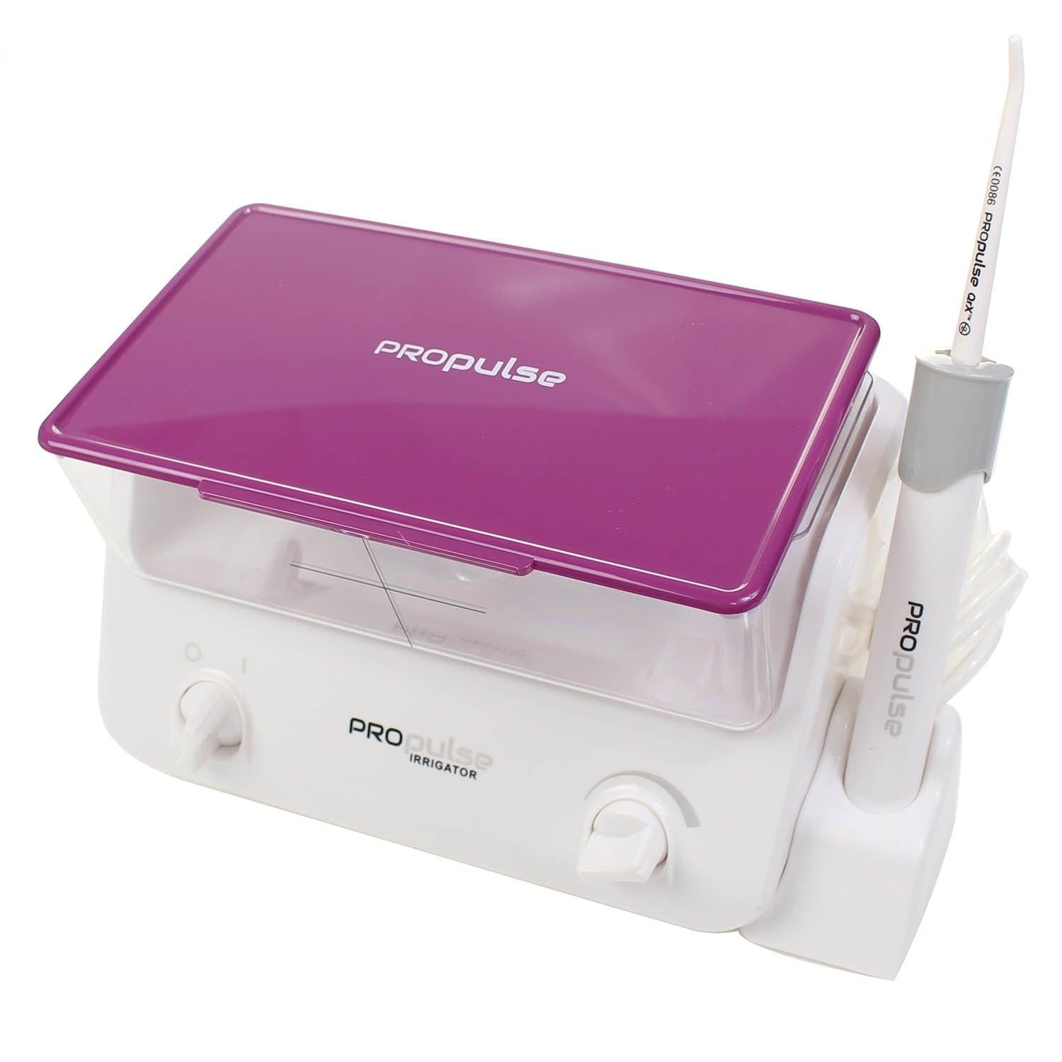 Propulse ear irrigator with purple lid and 10 QrX tips, designed for gentle ear cleaning and irrigation.