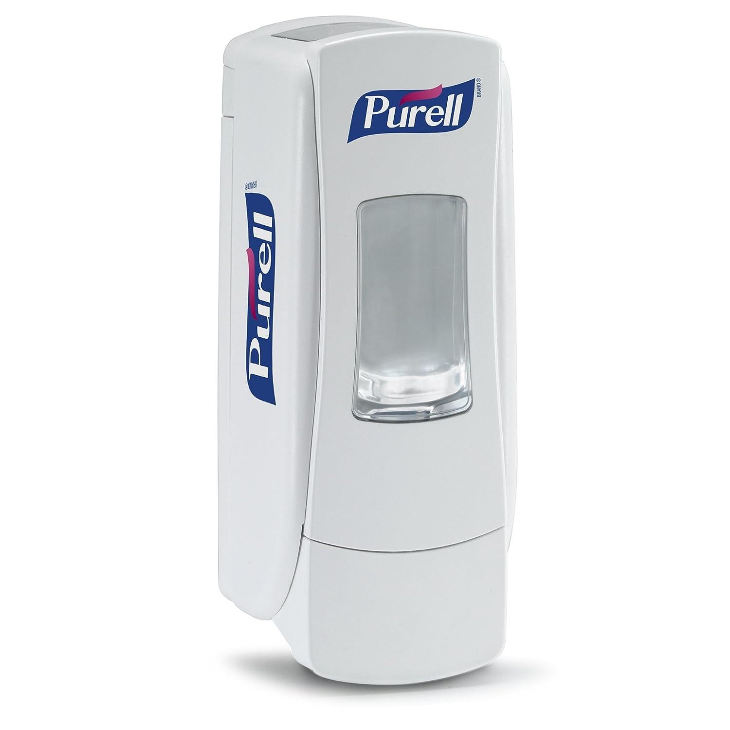 Purell ADX-7™ hand sanitizer dispenser mounted on wall, white plastic design with pump, for commercial hand hygiene.