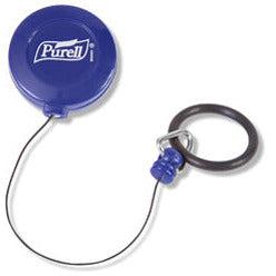 Purell retractable clip attached to a 60ml Purell hand sanitizer bottle for secure, convenient use.