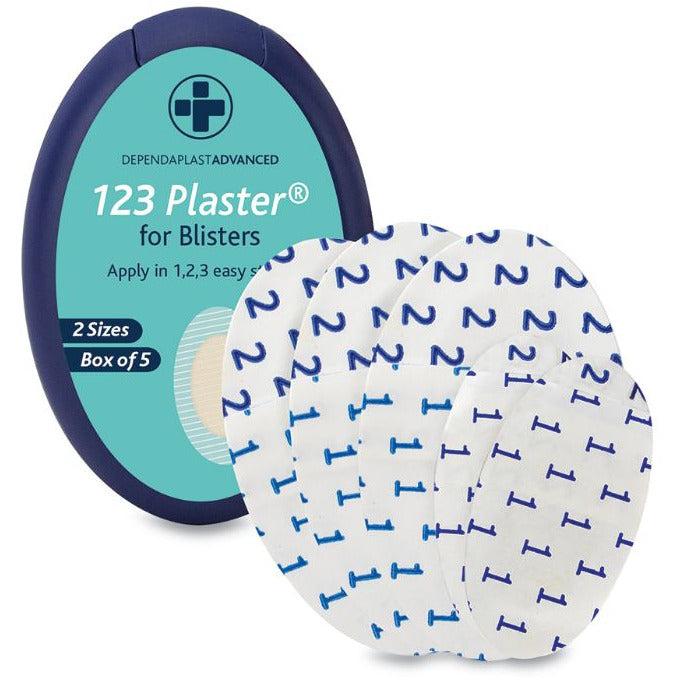 Reliance 123 Blister Plasters pack with five transparent blister bandages, designed for protecting and soothing skin blisters.
