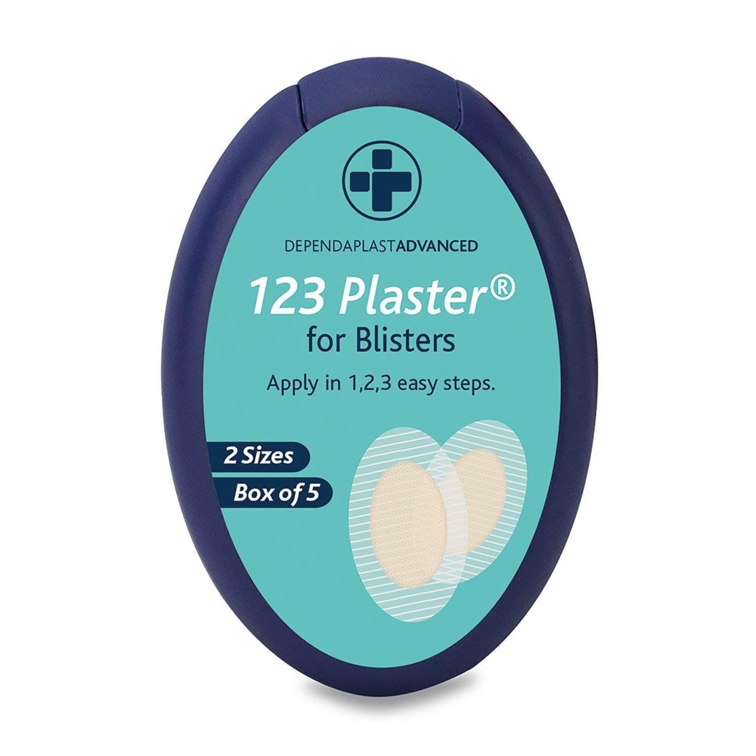 Pack of 123 Reliance blister plasters, showing five individual sterile adhesive bandages for minor skin injuries.