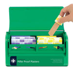 Reliance Dependaplast pilfer-proof plaster dispenser empty, 19cm long, 11cm wide, 4.5cm deep, wall-mounted medical supply holder.