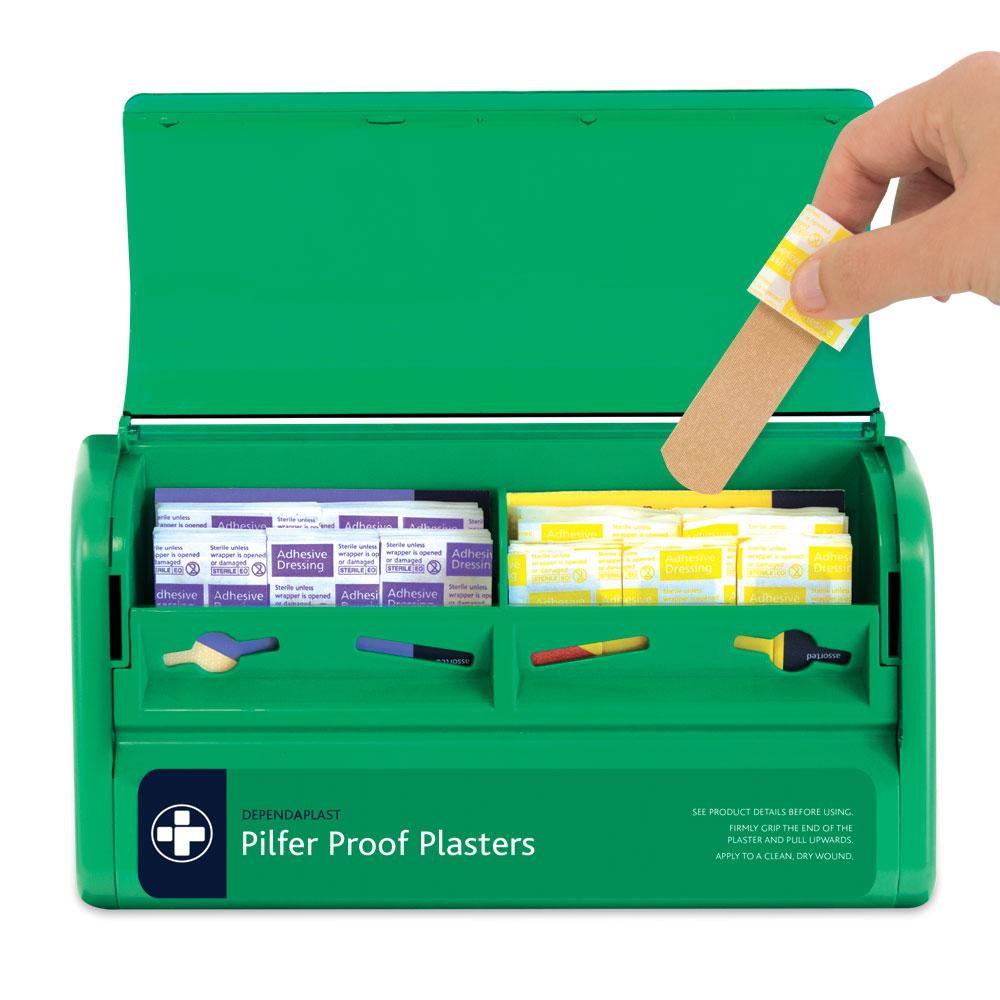 Reliance Dependaplast pilfer-proof plaster dispenser empty, 19cm long, 11cm wide, 4.5cm deep, wall-mounted medical supply holder.