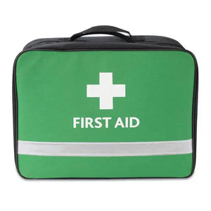 Green first aid kit bag with white cross and reflective stripe, ideal for emergency medical supplies.