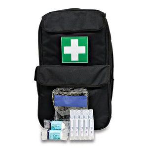 TraumaFix FREC 3 emergency care kit in a black tactical rucksack, showing first aid supplies and medical pouches inside.