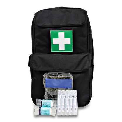 TraumaFix FREC 3 emergency care kit in a black tactical rucksack, showing first aid supplies and medical pouches inside.