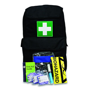 Reliance TraumaFix FREC 3 kit in tactical black rucksack with first aid supplies and pouch contents for emergency response.