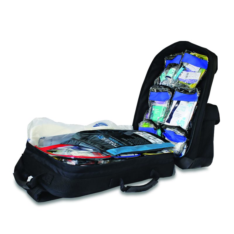 Open black Reliance TraumaFix FREC 3 Kit tactical rucksack with emergency medical supplies inside.