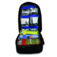 Open black Reliance TraumaFix FREC 3 Kit tactical rucksack with emergency medical supplies inside.