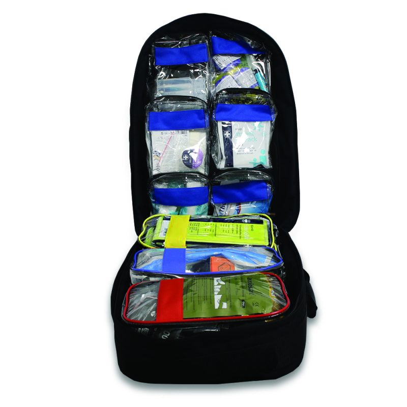 Open black Reliance TraumaFix FREC 3 Kit tactical rucksack with emergency medical supplies inside.