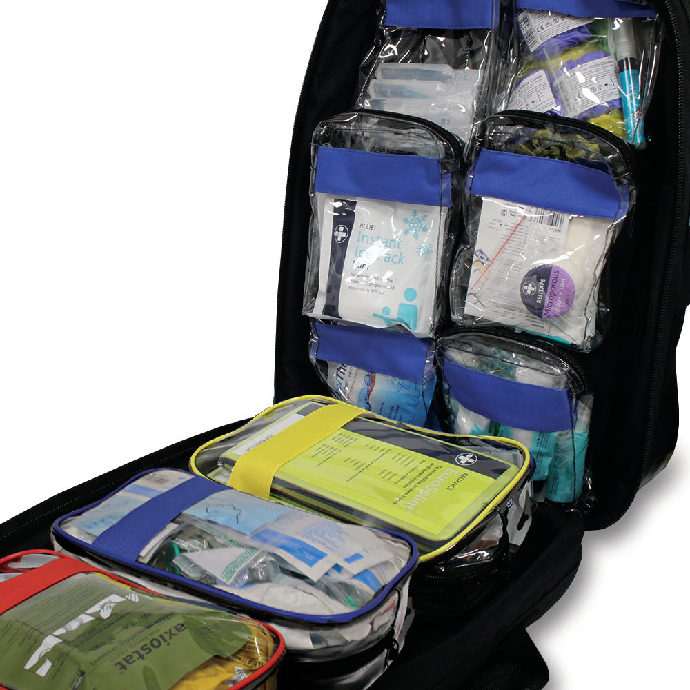 Open black Reliance TraumaFix FREC 3 Kit in tactical rucksack showing first response emergency care supplies and medical equipment.
