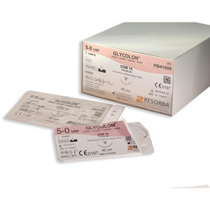 Resolon Glycolon undyed 4/0 USP circle cutting needle, 1x45cm, precision cut, 18mm, box of 24, shown in image.