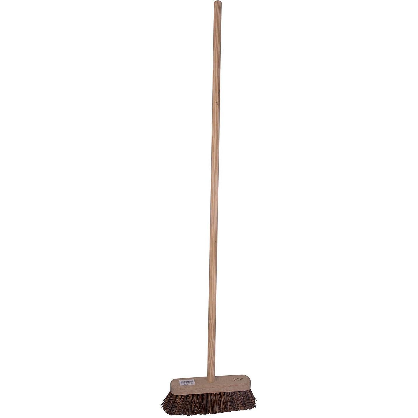 Robert Scott 10-inch stiff bristle broom with 120cm handle, showing durable bristles and ergonomic wooden handle for cleaning.