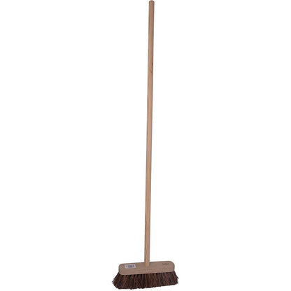 Robert Scott 10-inch stiff bristle broom with 120cm handle, showing durable bristles and ergonomic wooden handle for cleaning.