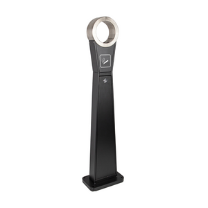 Free-standing stainless steel ashtray by Robert Scott, designed for outdoor cigarette waste disposal, with a sleek, durable finish.