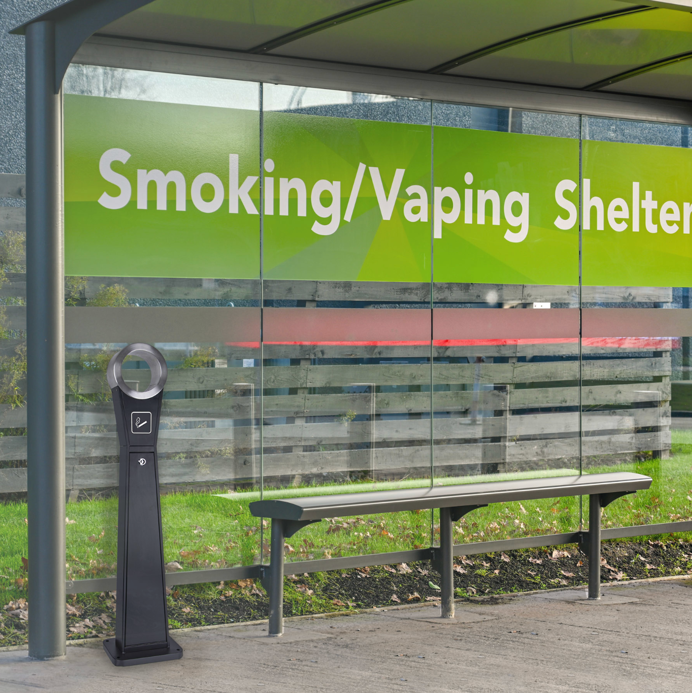 Stainless steel free-standing ashtray by Robert Scott for outdoor cigarette waste disposal, with a sleek, durable design.