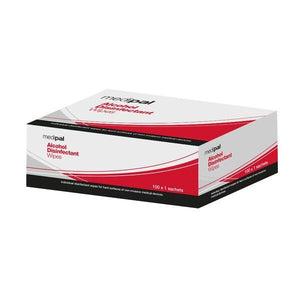 Robinsons MediPal 70% alcohol swabs in a box of 100, showing individual sterile swabs with alcohol solution for disinfecting.