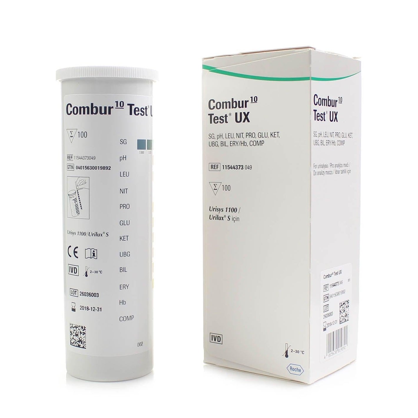 Roche Combur 10 UX urinalysis test strips for diagnostic testing, shown in a box with 100 strips.