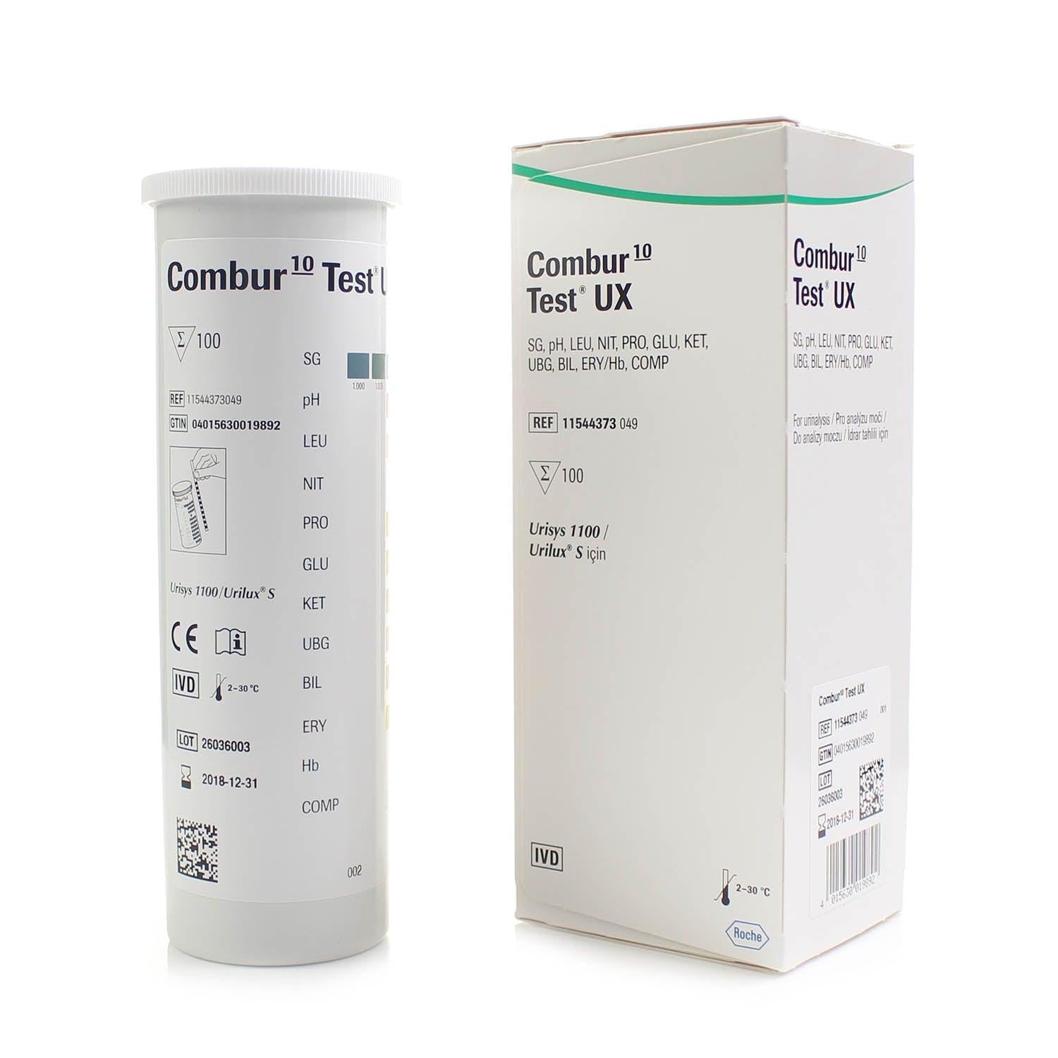 Roche Combur 10 UX urinalysis test strips for diagnostic testing, shown in a box with 100 strips.