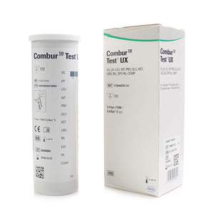 Roche Combur 10 UX urinalysis test strips for diagnostic testing, shown in a box with 100 strips.