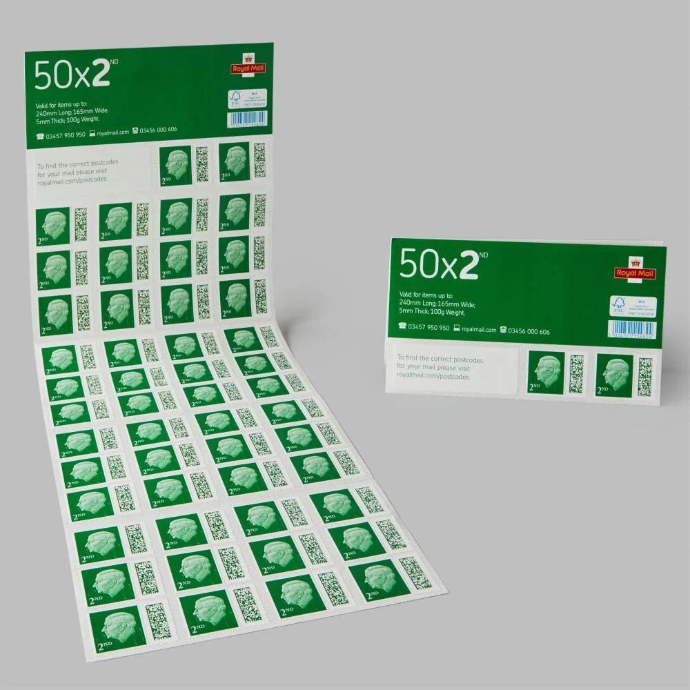 Book of 50 Royal Mail 2nd Class Post Stamps featuring 2nd-class stamp designs in a compact booklet for mailing.