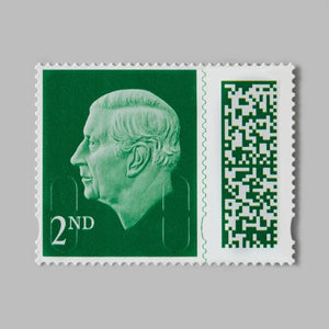 Book of 50 Royal Mail 2nd Class post stamps with colorful designs, perfect for mailing and collecting.