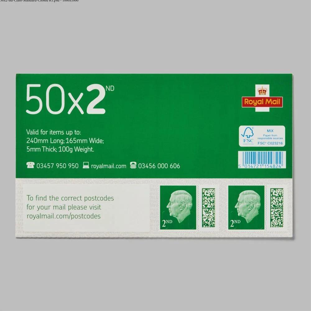 Book of 50 Royal Mail 2nd Class Post Stamps showcasing 2nd class postage stamps in a compact booklet.
