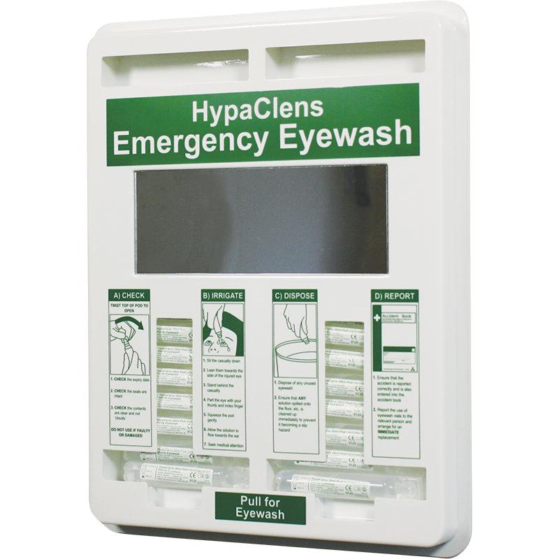Safety First Aid 20ml eye wash dispenser with 25 pods, displayed on a 35x29cm surface for first aid eye irrigation.