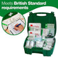 British Standard green first aid kit with assorted medical supplies and checklist