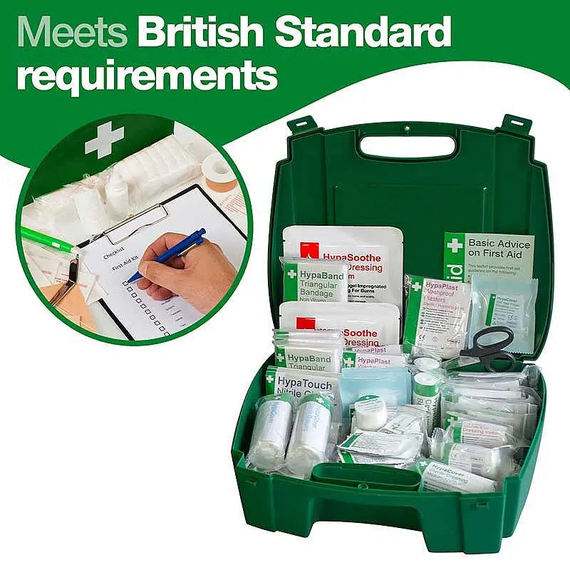 British Standard green first aid kit with assorted medical supplies and checklist