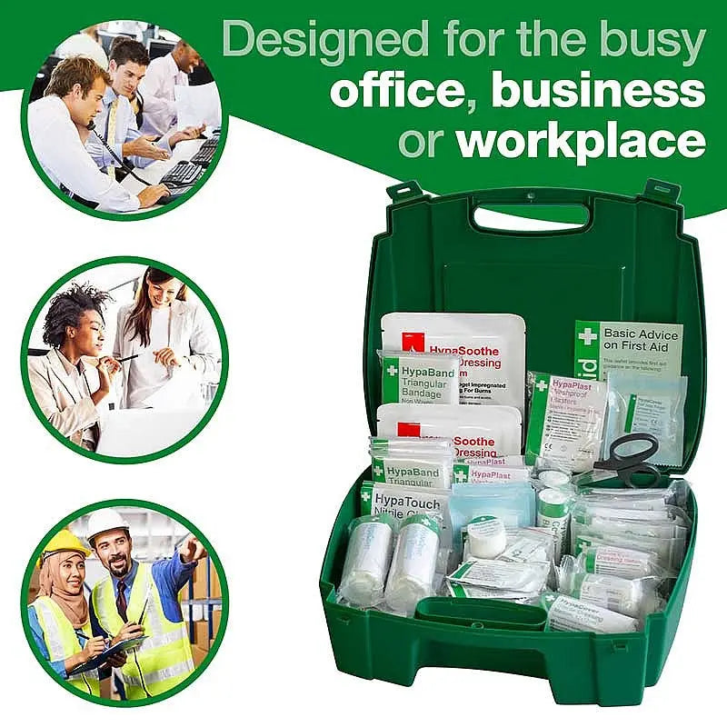 Workplace first aid kit with dressings, bandages, and safety supplies in green case