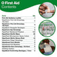 First aid kit contents list with images of dressings, plasters, gloves, and bandage application