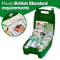 British Standard first aid kit with medical supplies in green box, checklist, UK compliant